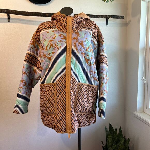 Free People Pria Packable Printed Hooded Zip Up Puffer Jacket Size XL - Picture 2 of 15
